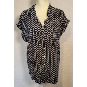 Jachs Girlfriend Top XXL Button-Up Cap Sleeve Geometric Navy Blue Women's 0863